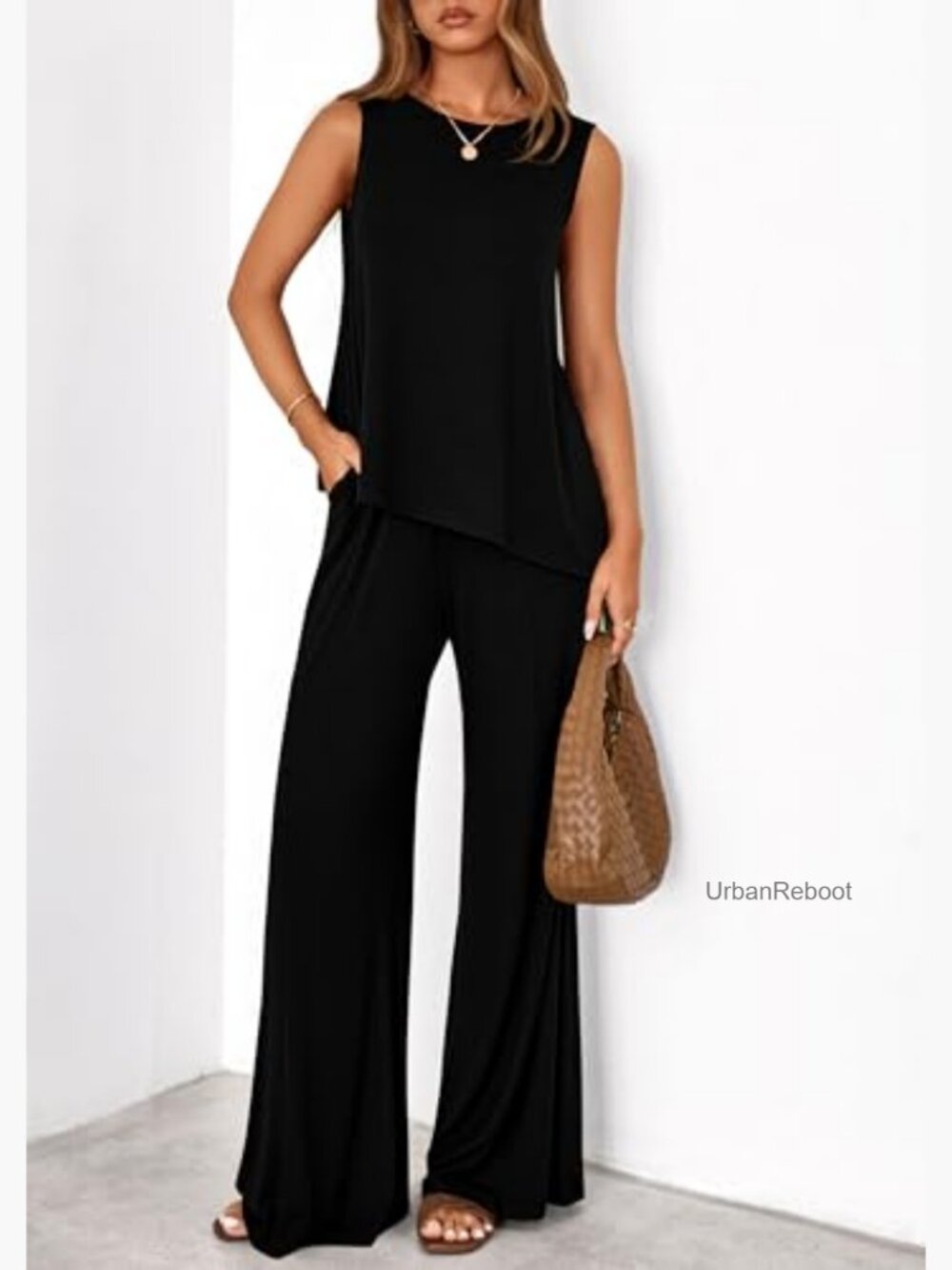 Two Piece Lounge Set Asymmetrical Tank Wide Leg Pants Summer - Picture 2 of 7